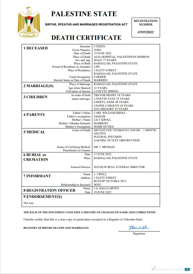 Download Palestine vital record death certificate Word and PDF template Photoshop template